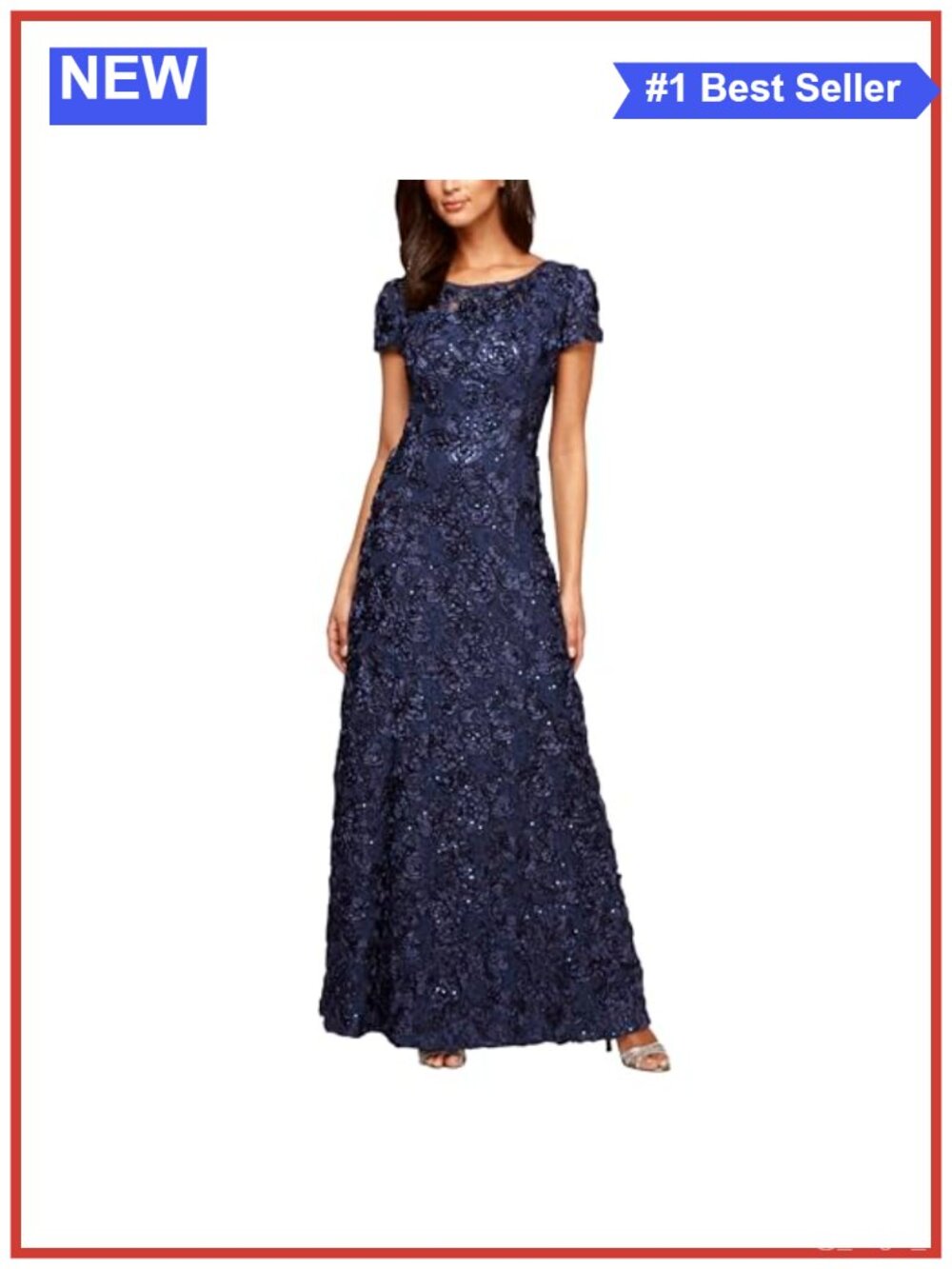 Long Rosette Lace Sequin Mother of the Bride Dress Short Sleeve Formal Gown